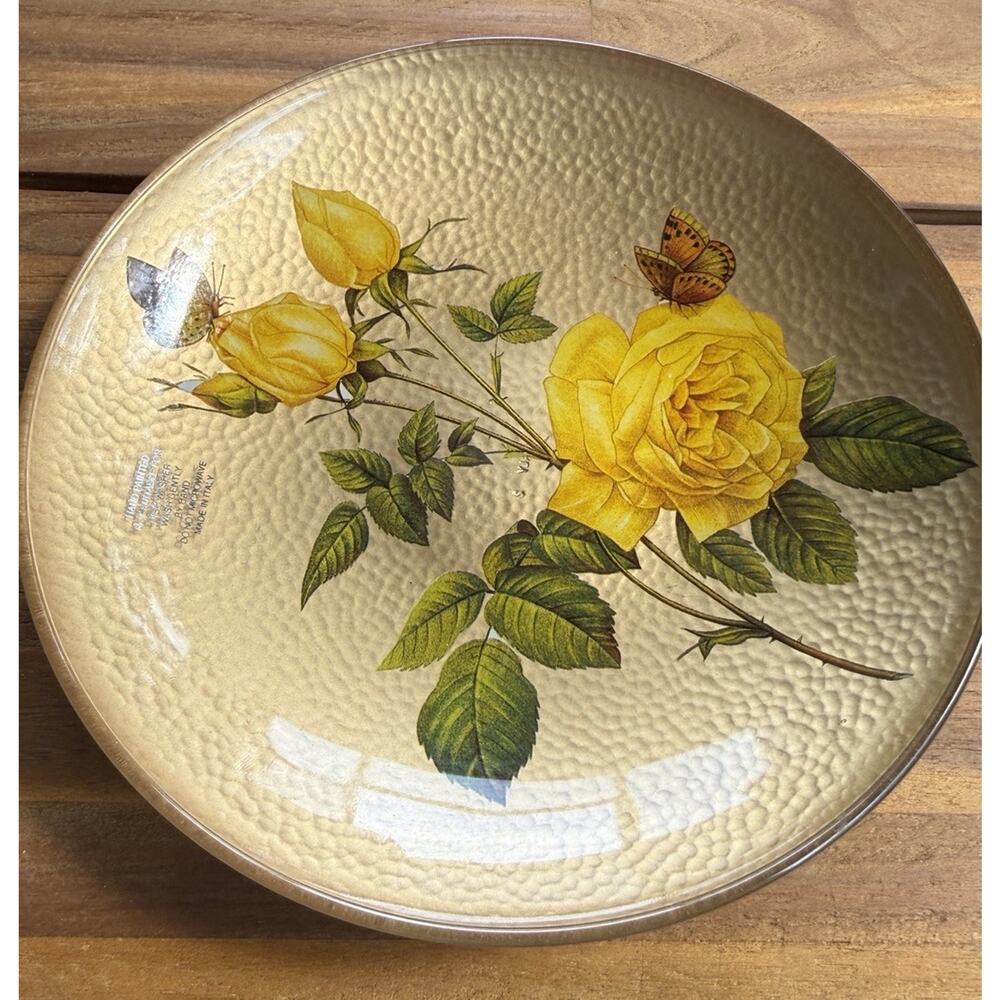 Handpainted Italian Glass Bowl Yellow Roses Floral Mediterranean Decor 8”